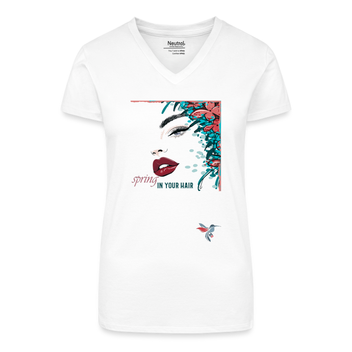 Bio Frauen T-Shirt mit V-Ausschnitt Spring in Your Hair Malve Kolibri angepasst - Weiß