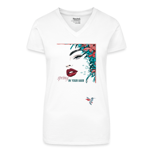 Bio Frauen T-Shirt mit V-Ausschnitt Spring in Your Hair Malve Kolibri angepasst - Weiß