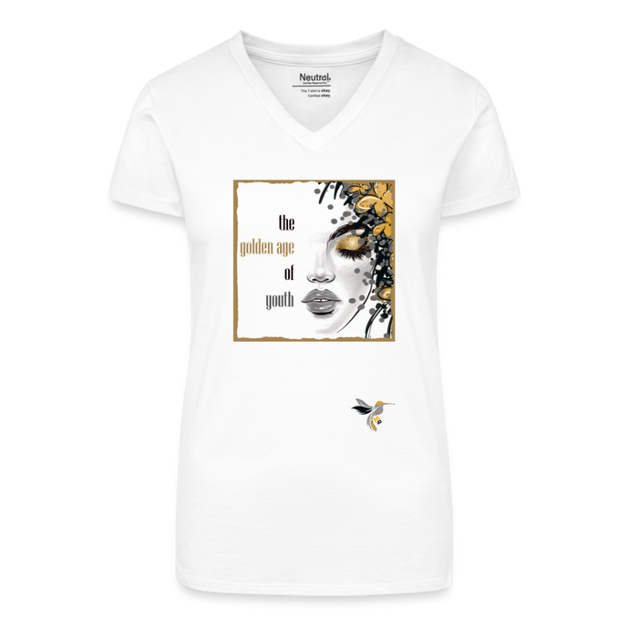 Bio Frauen T-Shirt mit V-Ausschnitt GOLDEN AGE Kolibri angepasst - Weiß