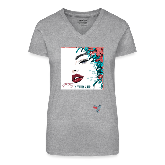 Bio Frauen T-Shirt mit V-Ausschnitt Spring in Your Hair Malve Kolibri angepasst - Grau meliert