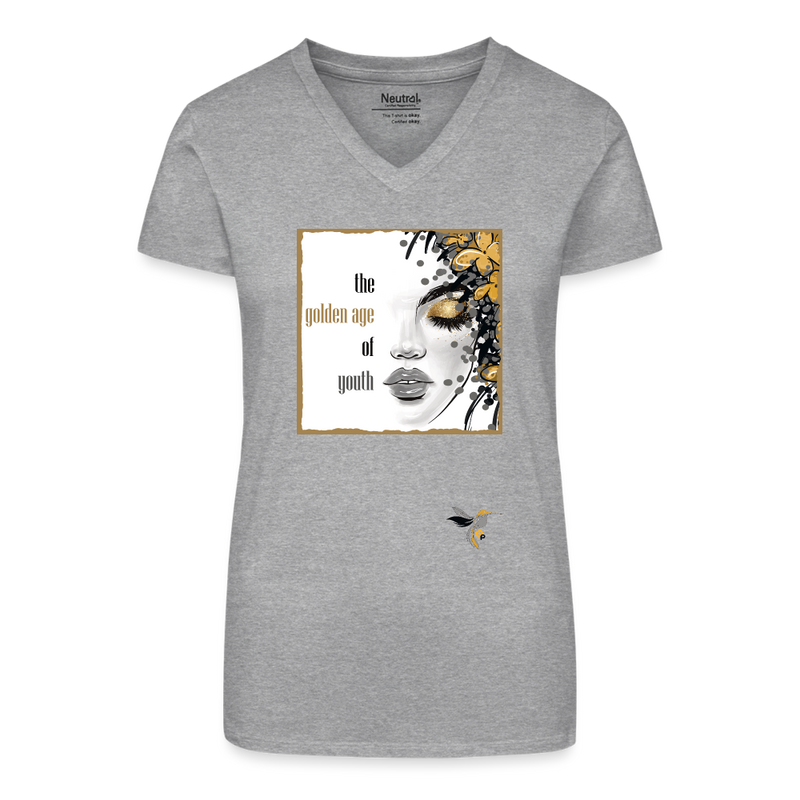 Lade das Bild in Galerie -Viewer, Bio Frauen T-Shirt mit V-Ausschnitt GOLDEN AGE Kolibri angepasst - Grau meliert
