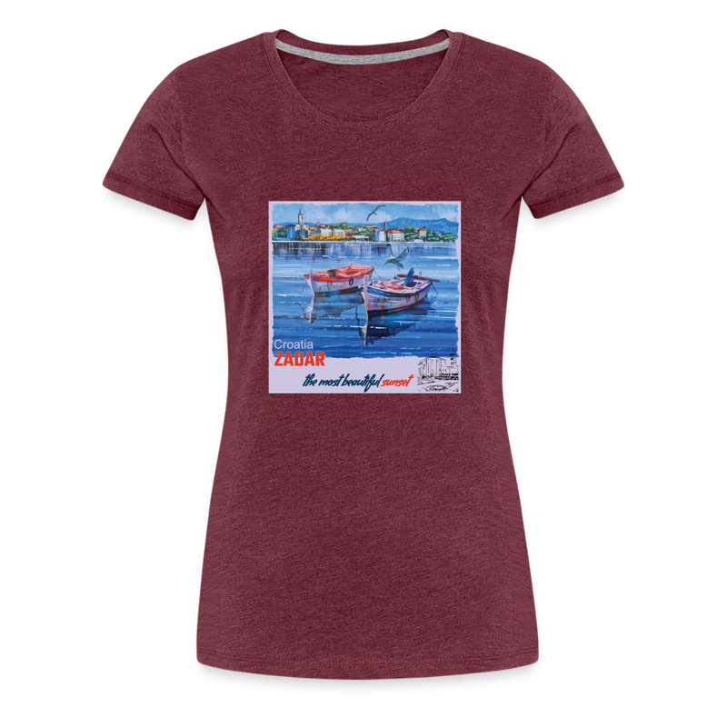 Lade das Bild in Galerie -Viewer, Frauen Premium T-Shirt Zwei Boote in Zadar mit Hintergrund - Bordeauxrot meliert
