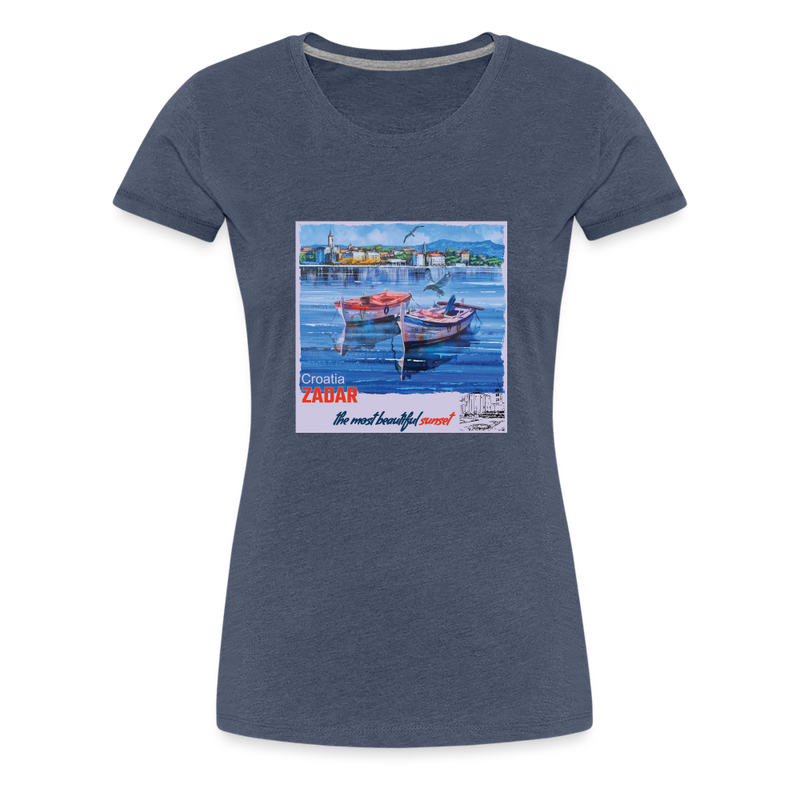 Lade das Bild in Galerie -Viewer, Frauen Premium T-Shirt Zwei Boote in Zadar mit Hintergrund - Blau meliert
